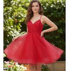 Women's Mini Dress Sparkly Red Spaghetti Strap Lace Up Back Size S